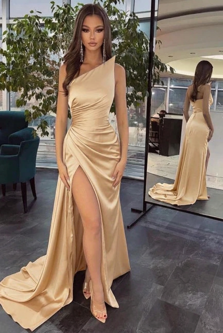 Champagne one shoulder ruffled mermaid prom dress