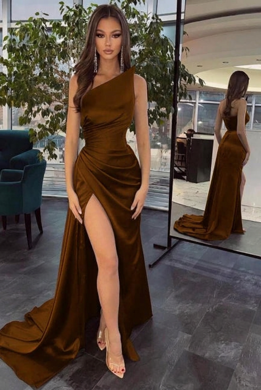 Chocolate one shoulder ruffled mermaid prom dress