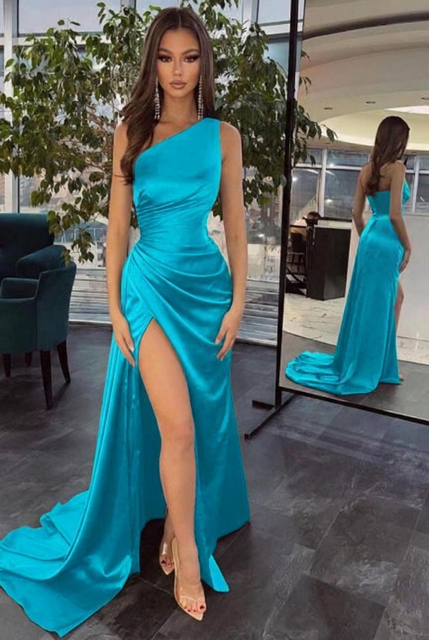Turquoise one shoulder ruffled mermaid prom dress