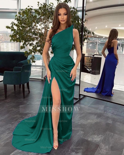 Emerald one shoulder ruffled mermaid prom dress