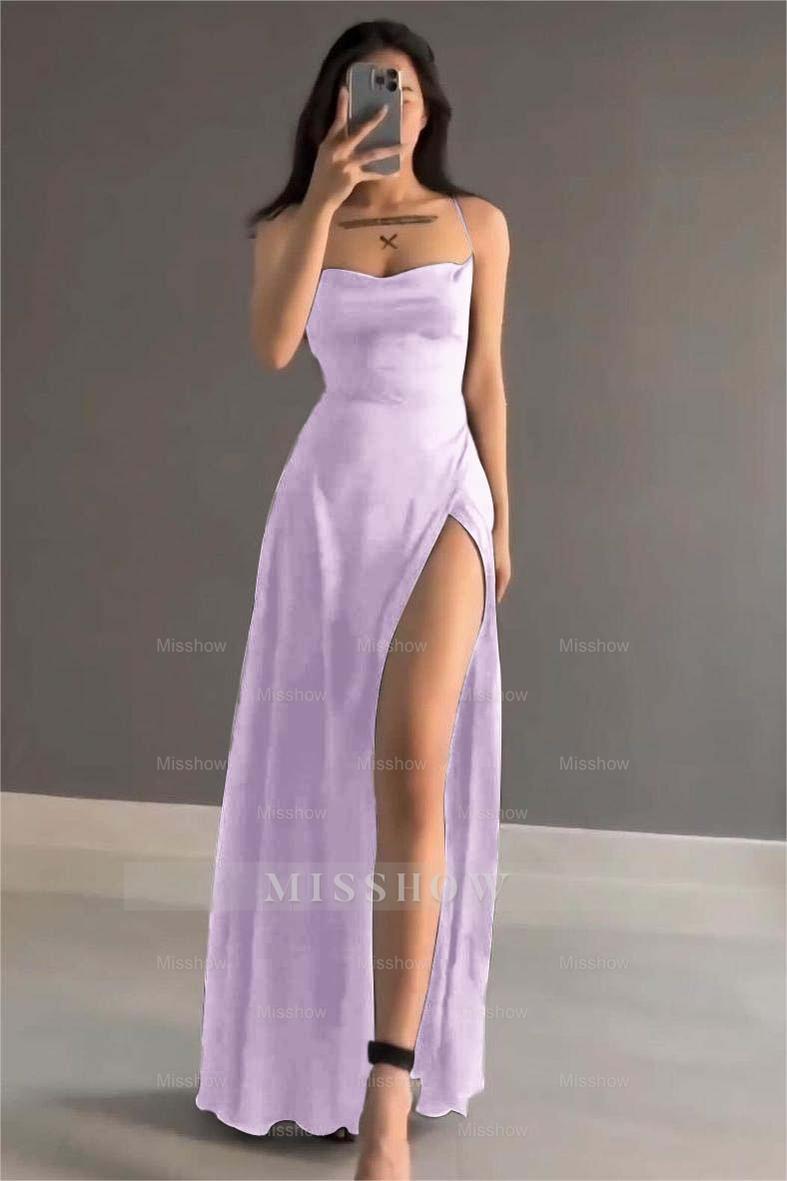 Simple Black Stain Spaghetti Strap Sleeveless Long Formal Dress With Split