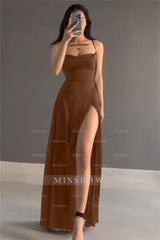 Simple Black Stain Spaghetti Strap Sleeveless Long Formal Dress With Split