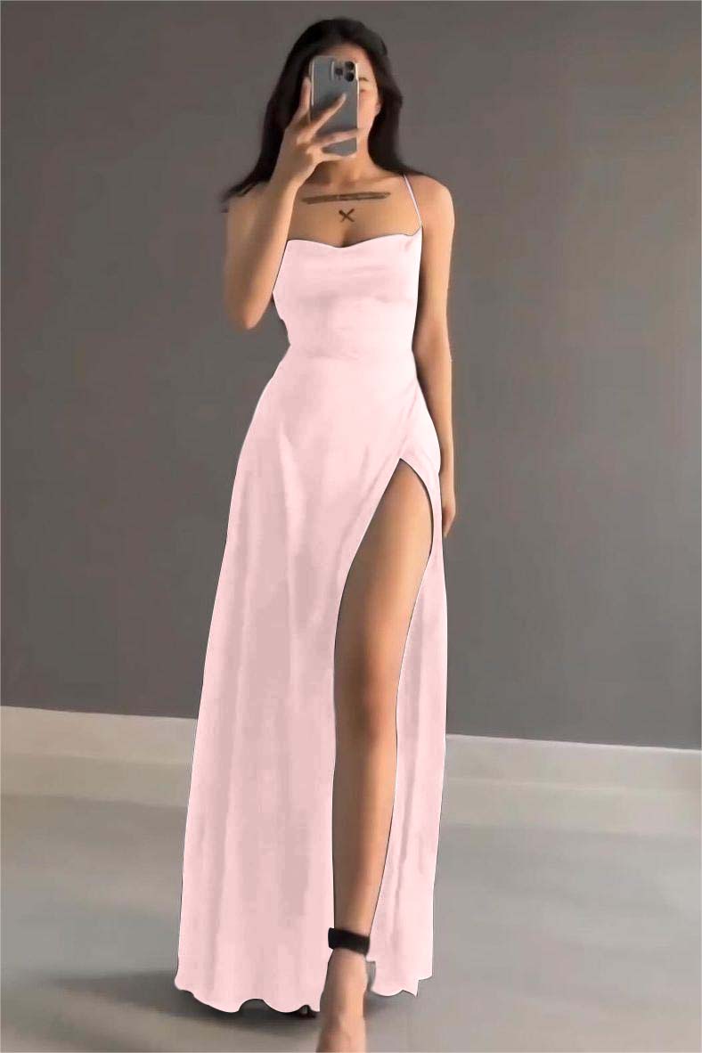 Simple Black Stain Spaghetti Strap Sleeveless Long Formal Dress With Split