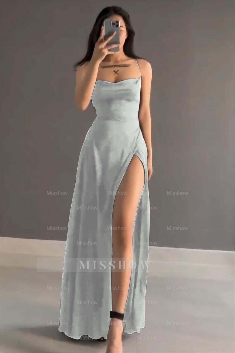 Simple Black Stain Spaghetti Strap Sleeveless Long Formal Dress With Split