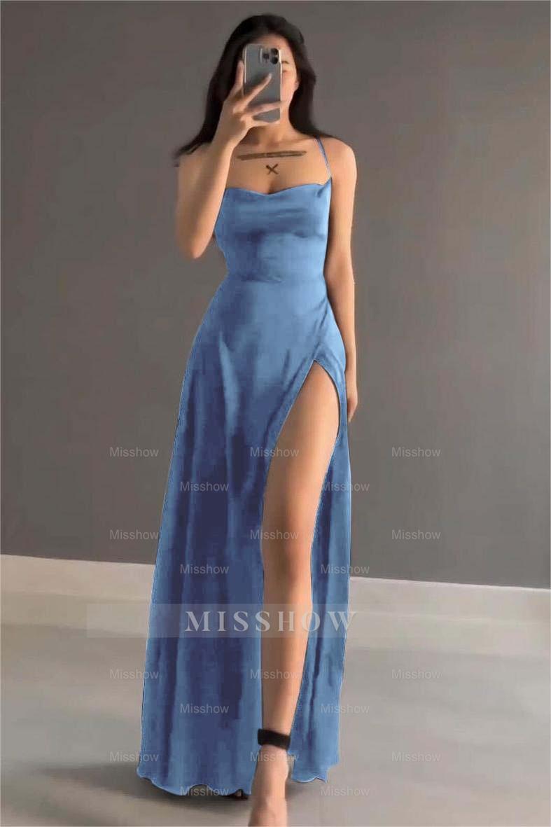 Simple Black Stain Spaghetti Strap Sleeveless Long Formal Dress With Split