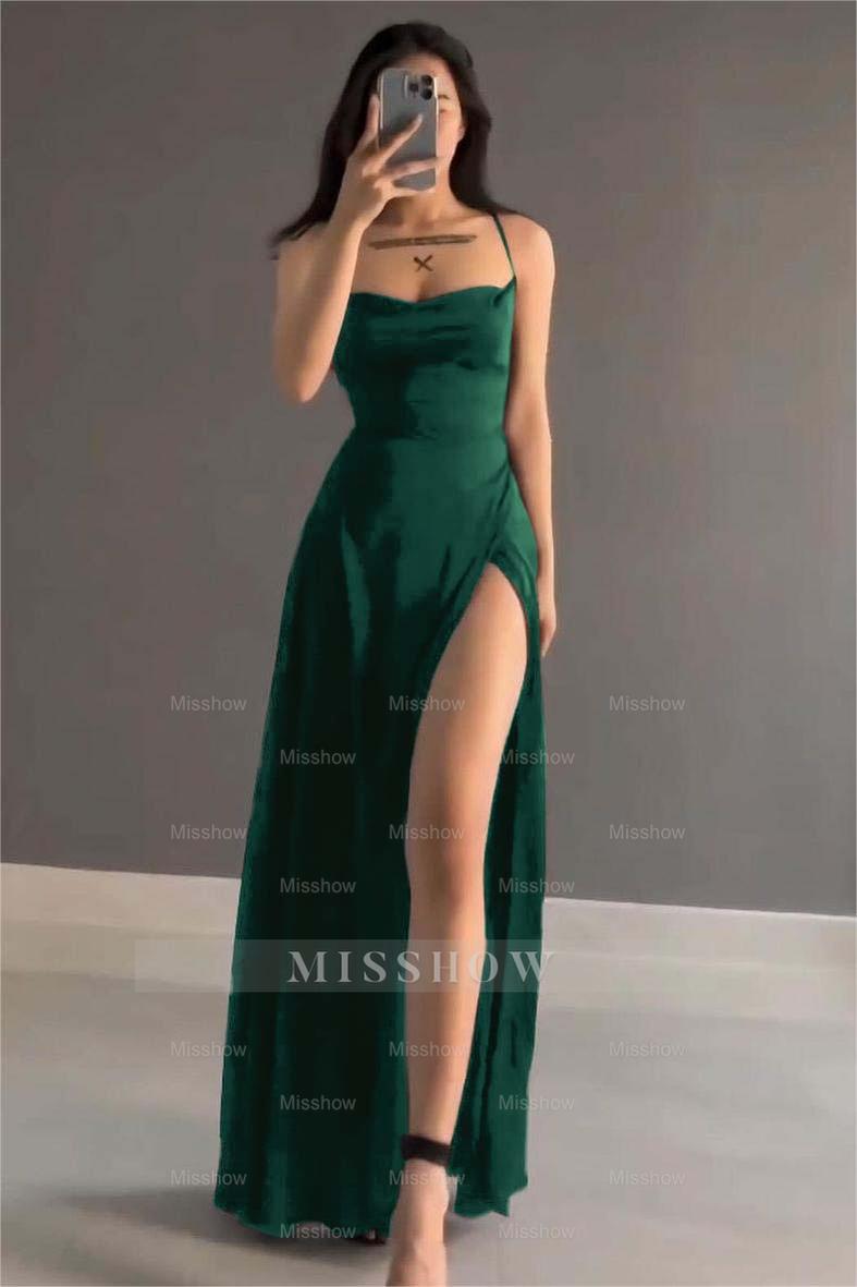 Simple Black Stain Spaghetti Strap Sleeveless Long Formal Dress With Split