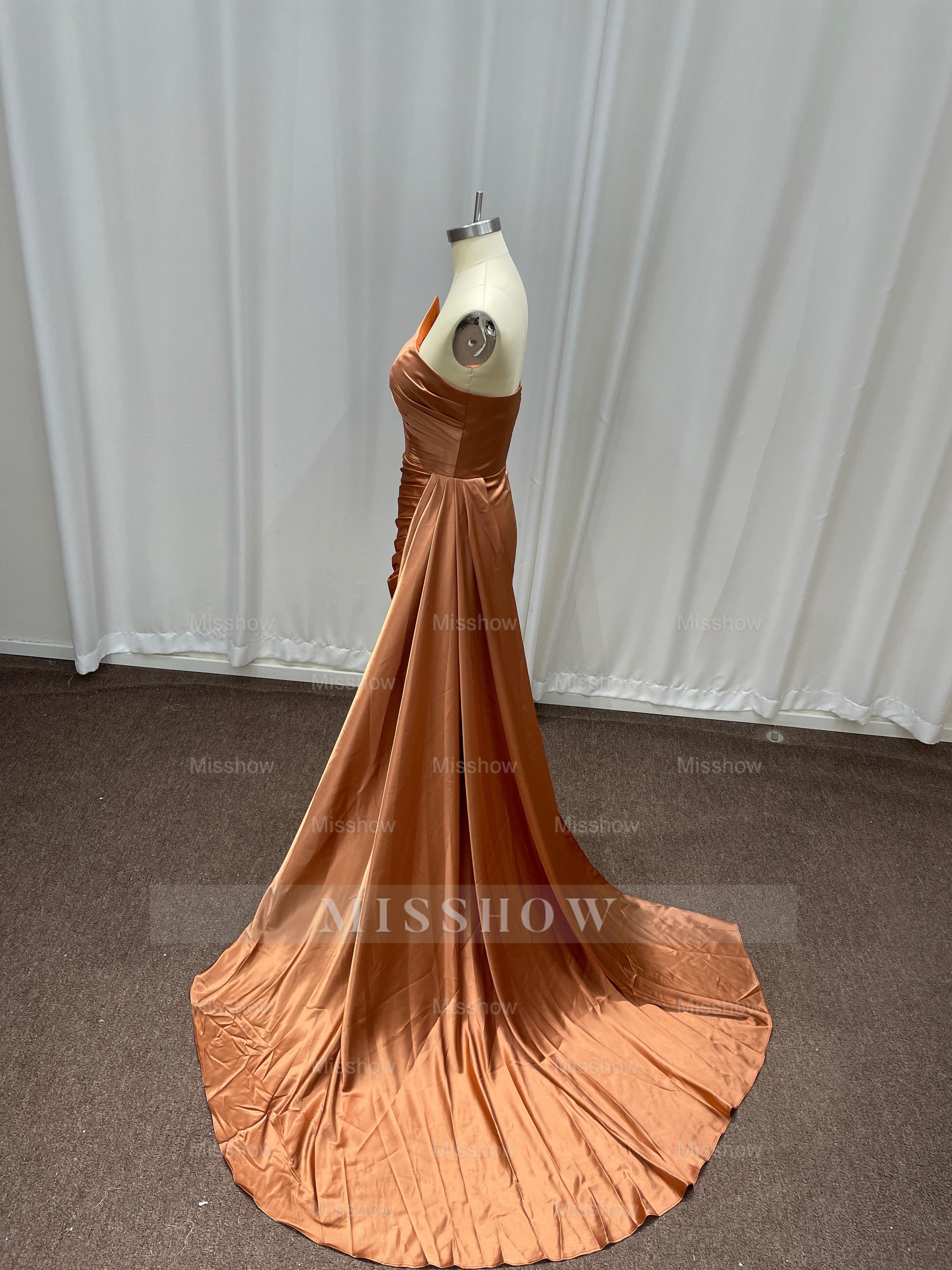 Simple Bronze Asymmetric Sleeveless Column Stretch Satin Formal Dress with Panel Train