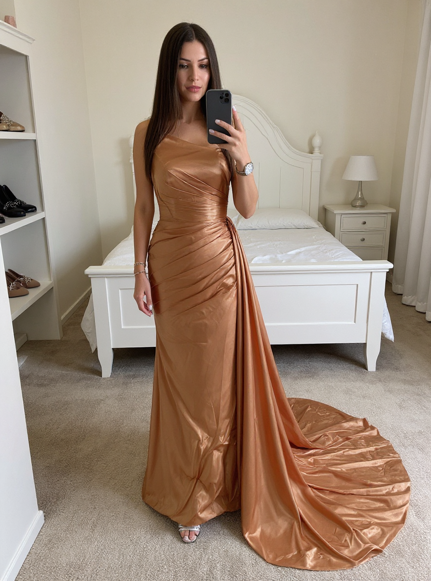 Simple Bronze Asymmetric Sleeveless Column Stretch Satin Formal Dress with Panel Train