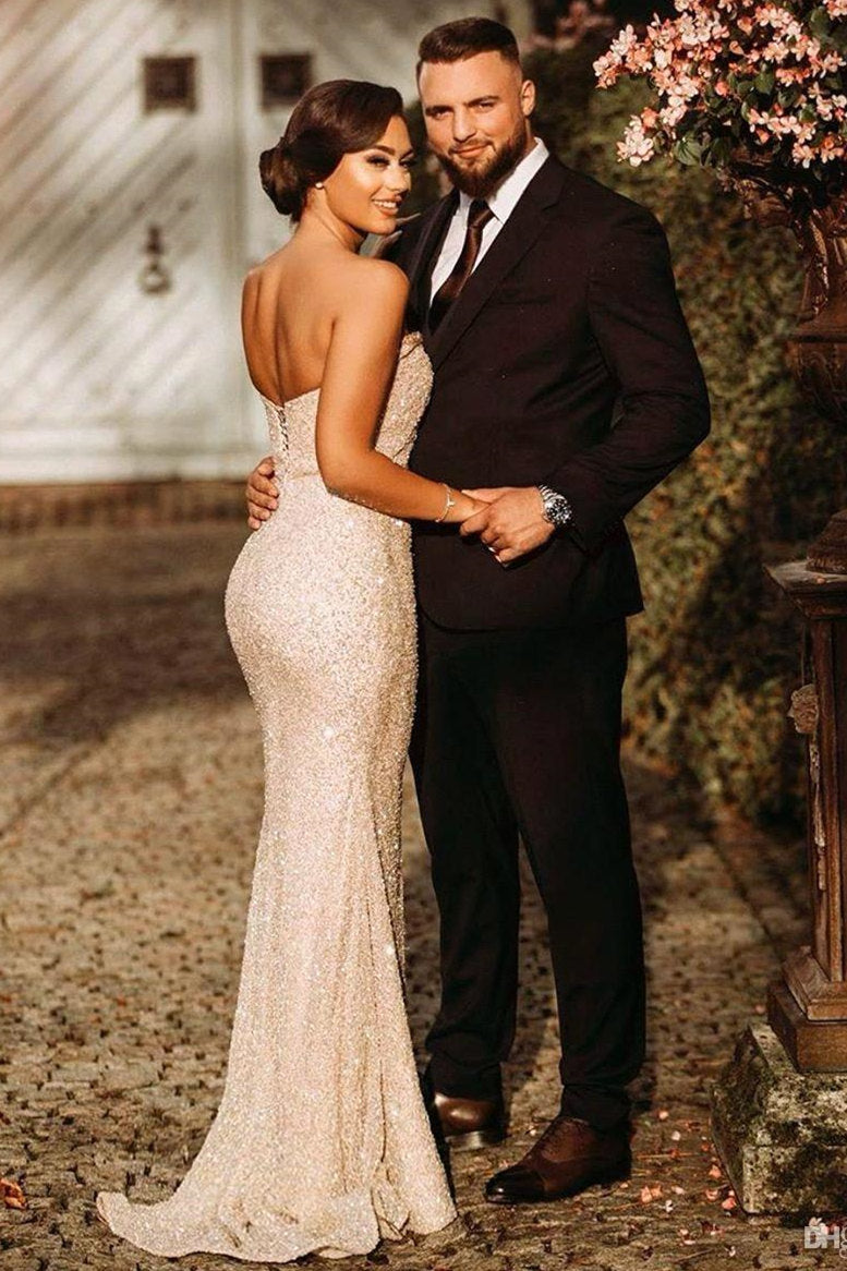 Simple Champagne Strapless Sequins Column Prom Evening Dresses with Slit