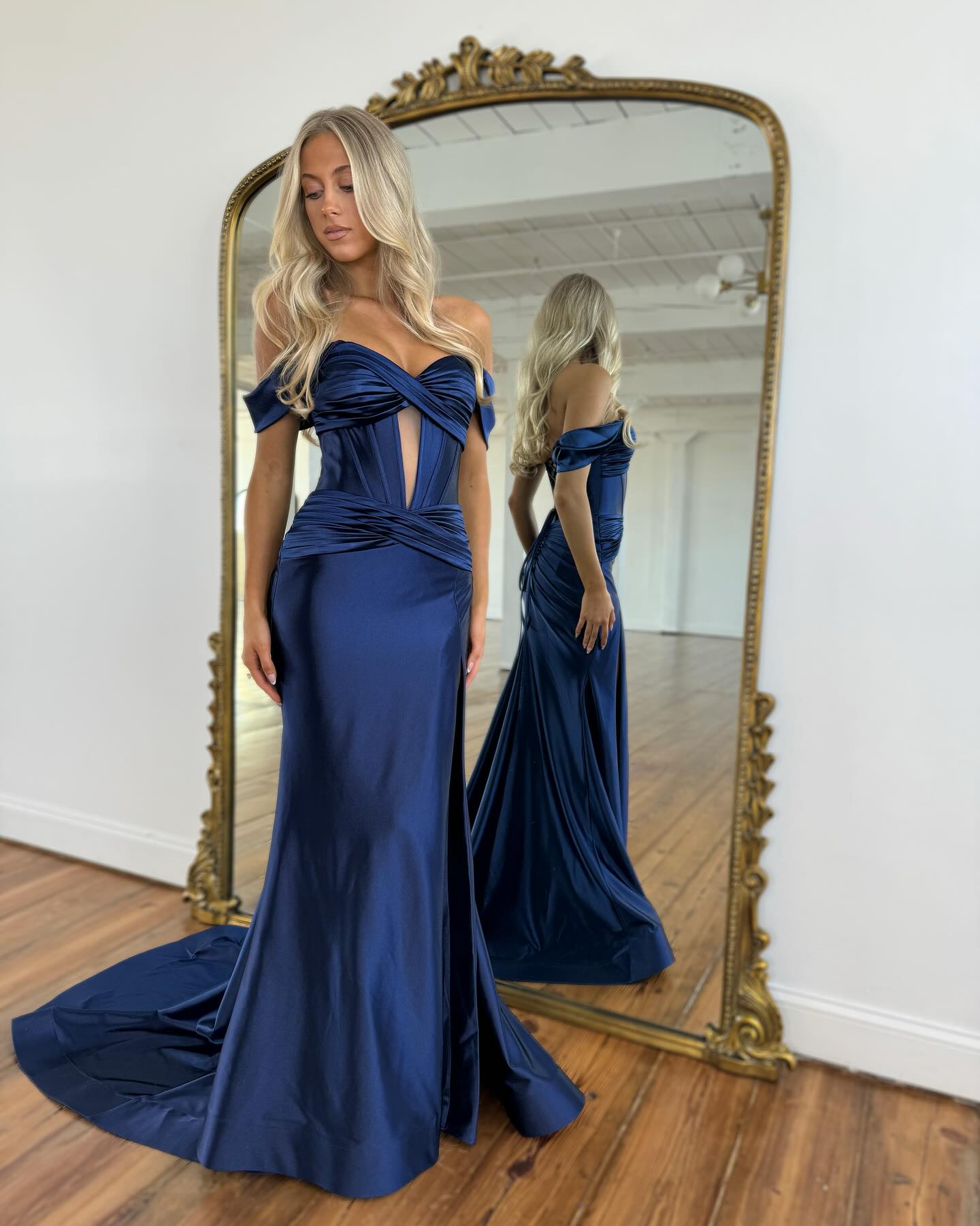 Simple Dark Navy Off-The-Shoulder Sweetheart Satin Column Prom Dress with Split