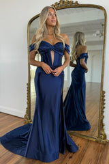Simple Dark Navy Off-The-Shoulder Sweetheart Satin Column Prom Dress with Split