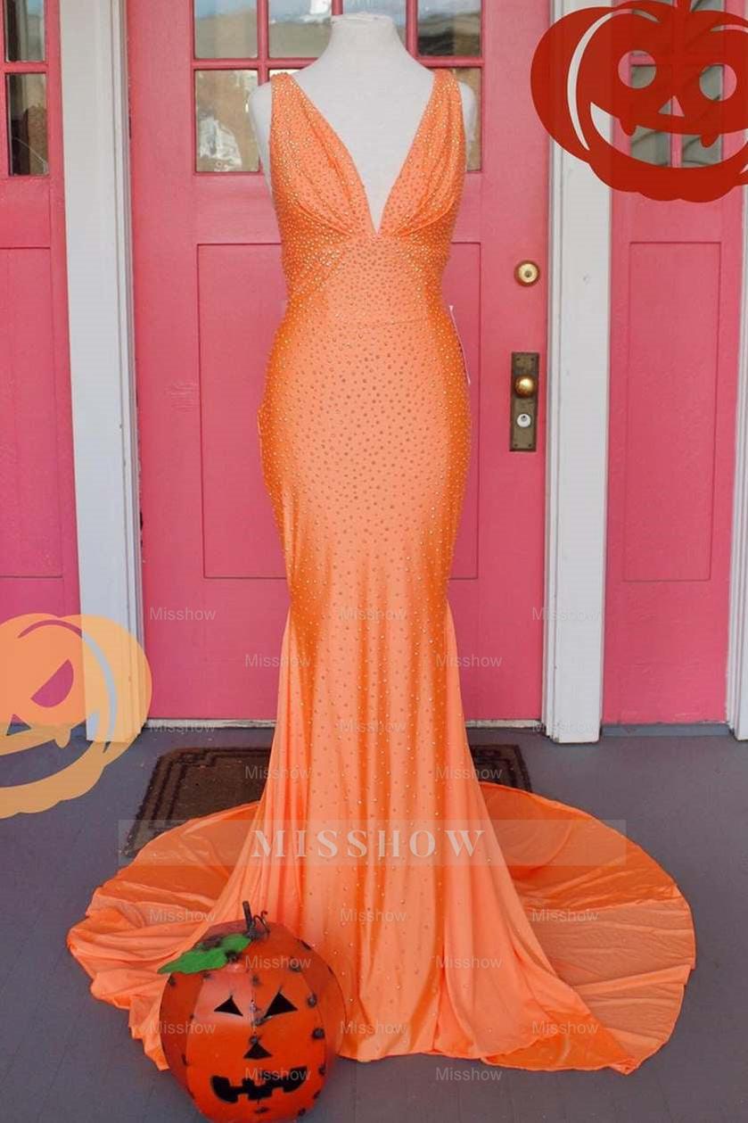 Simple Deep V-Neck Sleeveless Backless Long Mermaid Formal Dress with Appliques Simple Deep V-Neck Sleeveless Backless Long Mermaid Formal Dress with Appliques