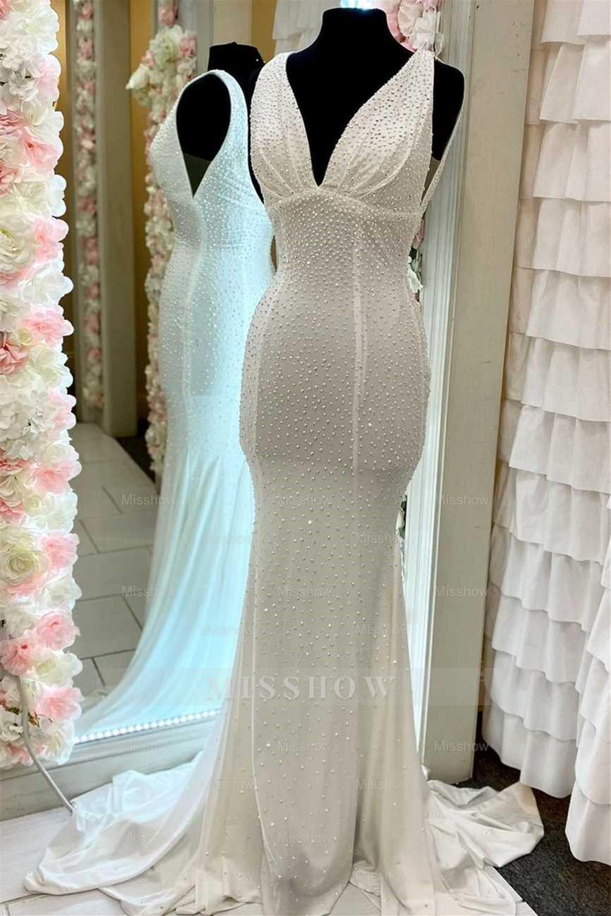 Simple Deep V-Neck Sleeveless Backless Long Mermaid Formal Dress with Appliques