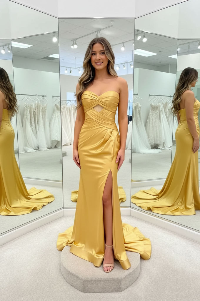 Simple Golden Yellow Satin Prom Dress with Cutout Bodice and High Slit   misshow.com