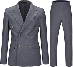 Simple Gray Double Breasted Peaked Lapel Business Suit