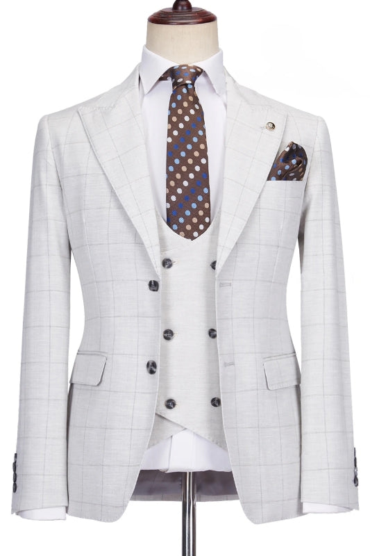 Simple Light Gray Peak Lapel Three-Piece Plaid Prom Suit