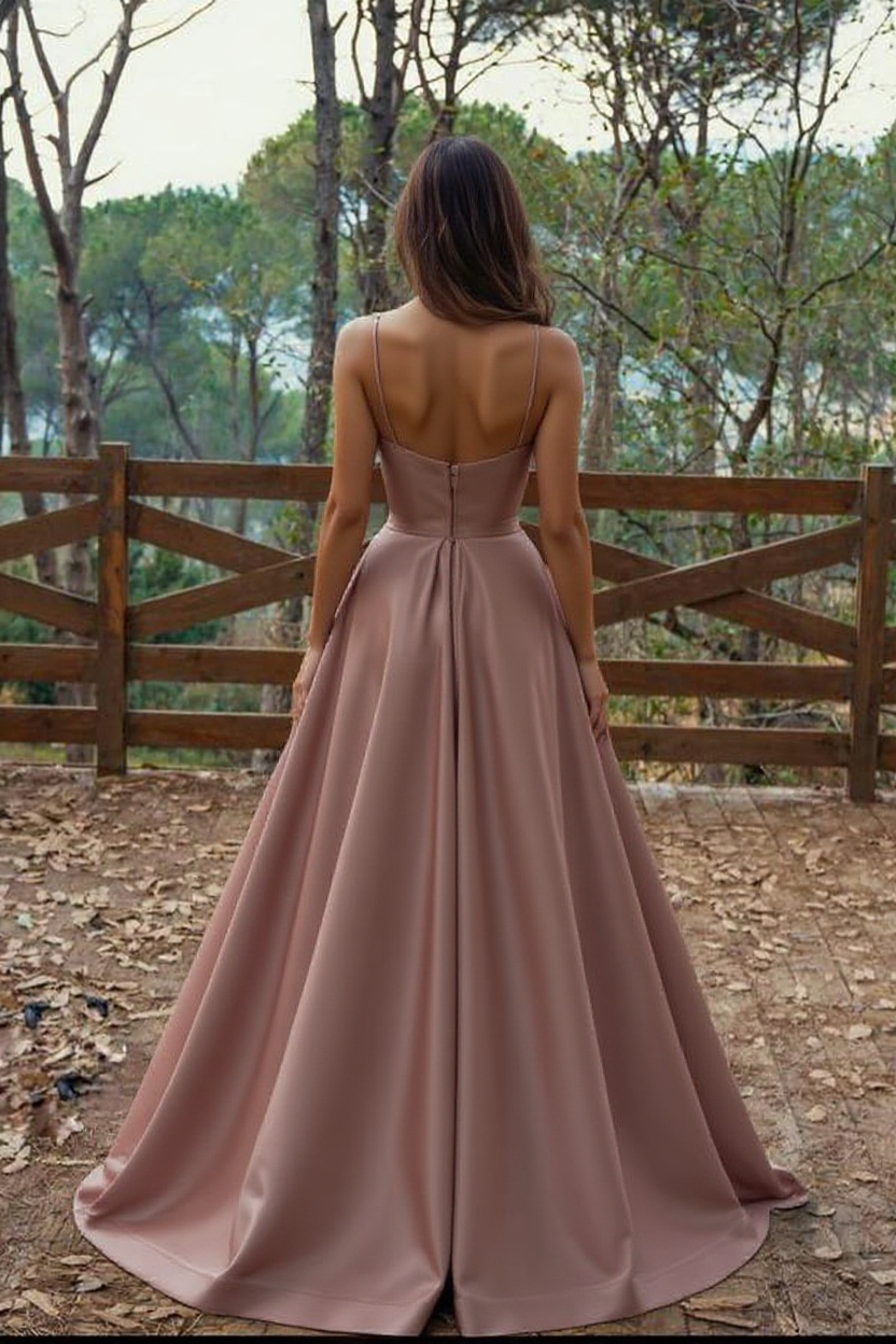 Simple Long A-line V-neck Satin Evening Dresses with Slit