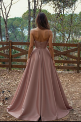 Simple Long A-line V-neck Satin Evening Dresses with Slit