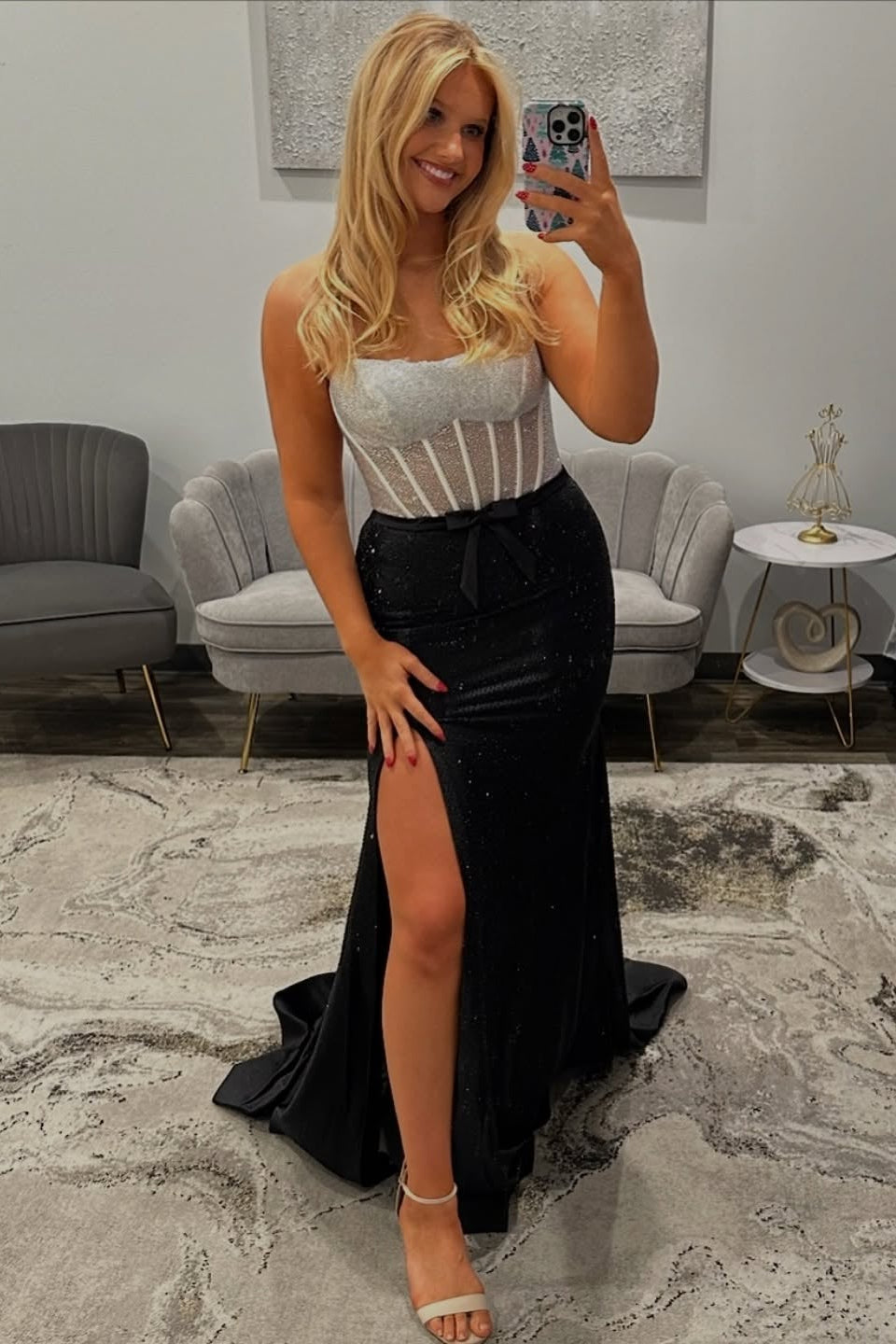 Simple Long Black Mermaid Strapless Glitter Prom Dress with Slit