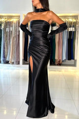 Simple Long Black Mermaid Strapless Satin Prom Evening Dresses with Slit