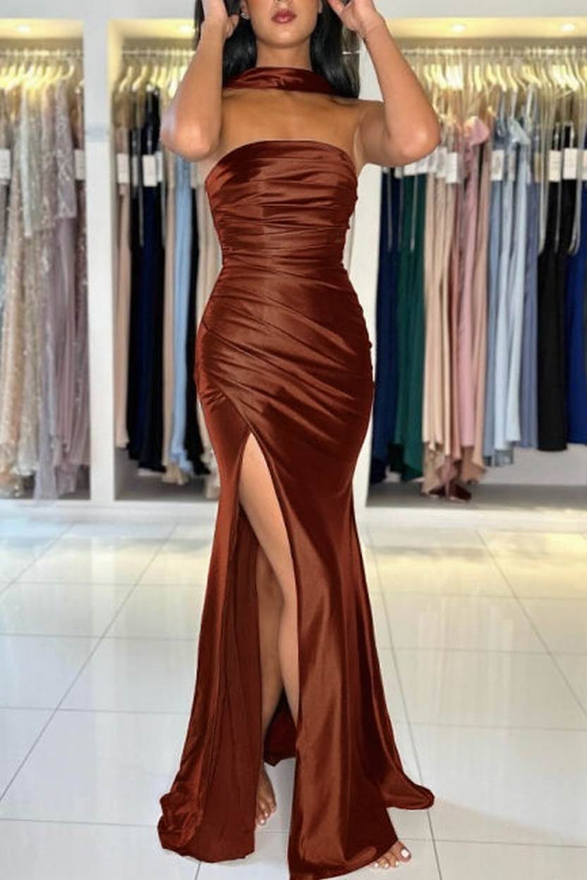 Simple Long Black Mermaid Strapless Satin Prom Evening Dresses with Slit