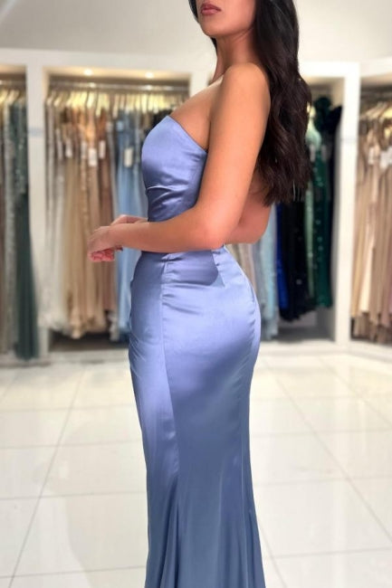 Simple Long Dusty Blue Mermaid Satin Sleeveless Prom Evening Dresses With Slit