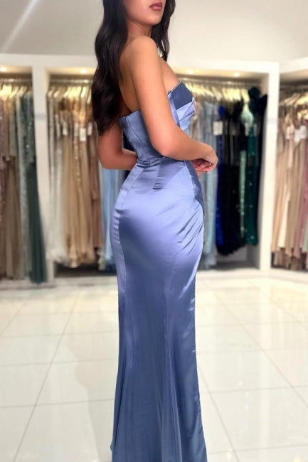 Simple Long Dusty Blue Mermaid Satin Sleeveless Prom Evening Dresses With Slit