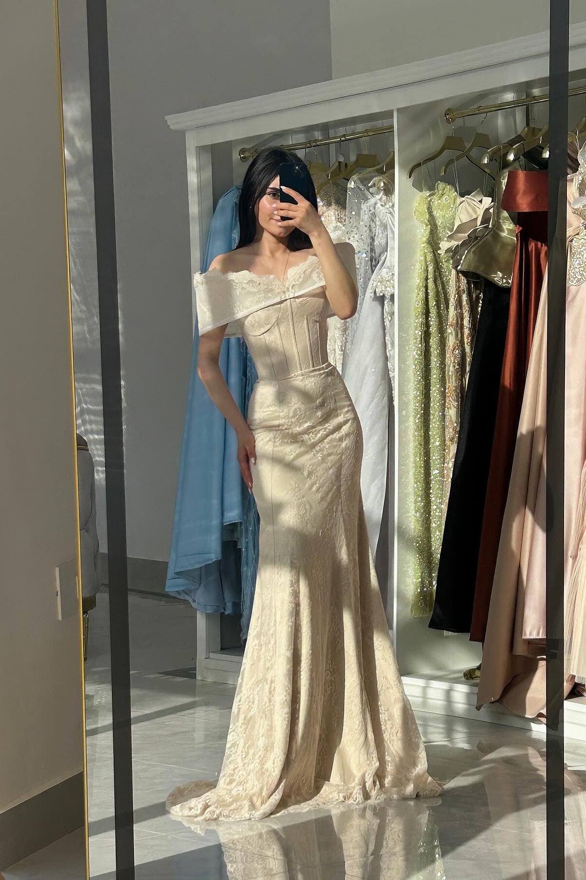 Simple Long Ivory Mermaid Off-The-Shoulder Sleeveless Formal Dress with Appliques