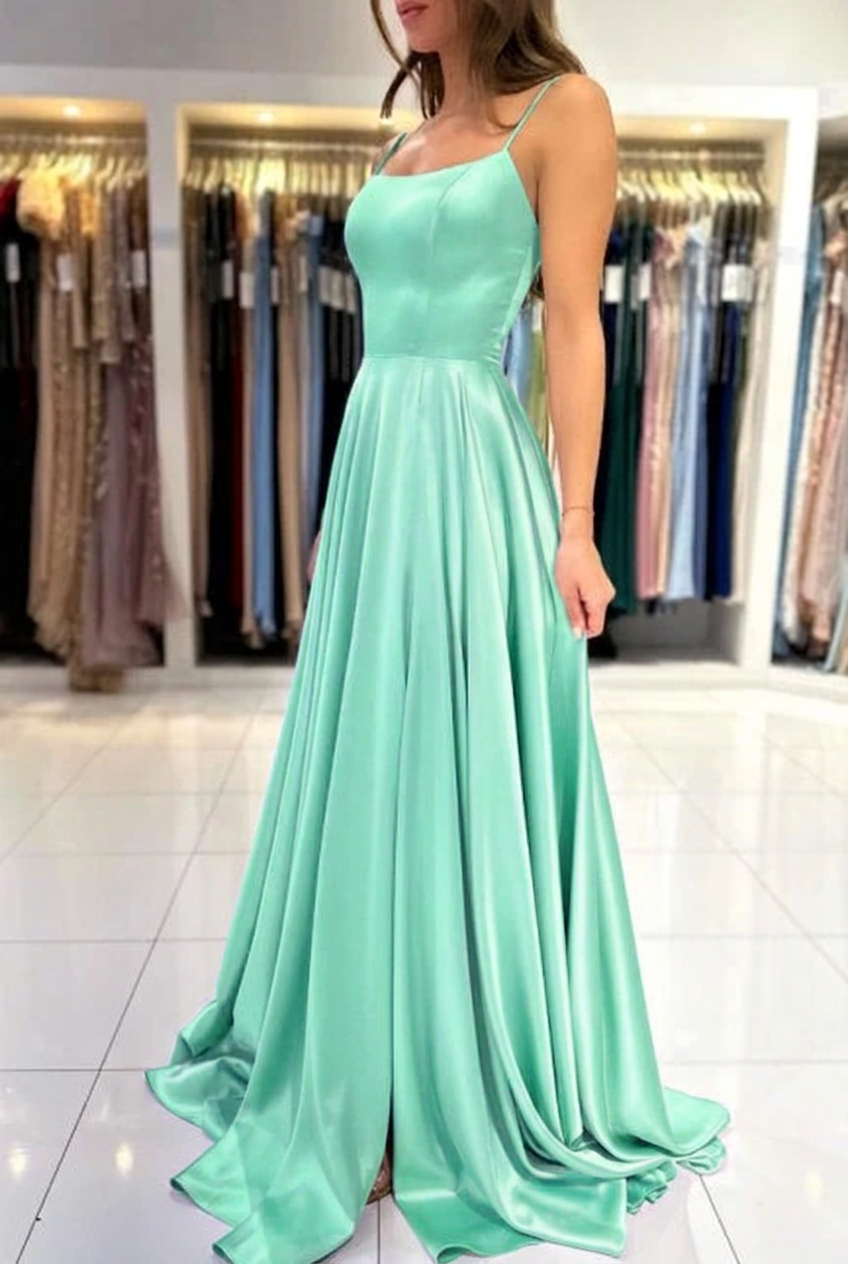 Mint green square satin A-line prom dress