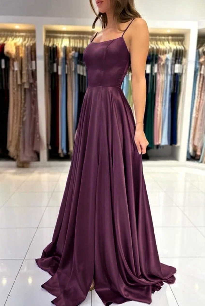 Grape square satin A-line prom dress