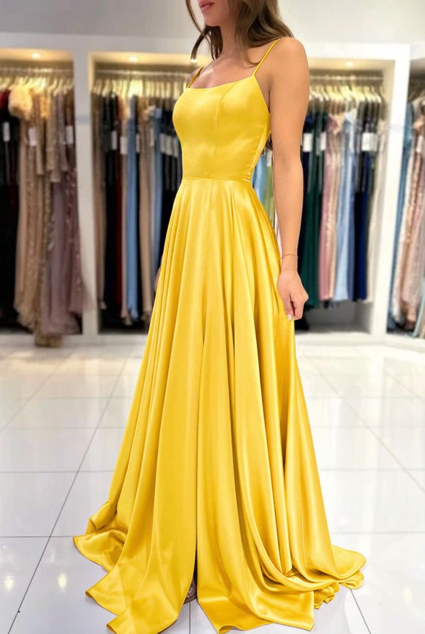 Yellow square satin A-line prom dress