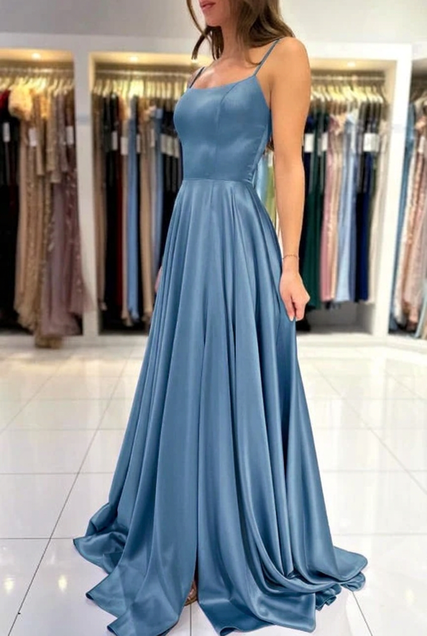 Dusty blue square satin A-line prom dress