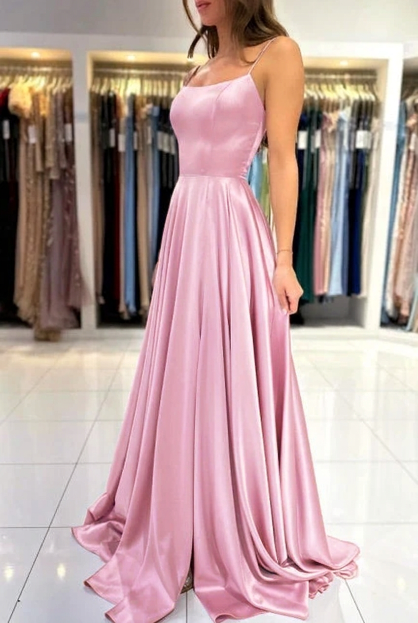 Candy pink square satin A-line prom dress