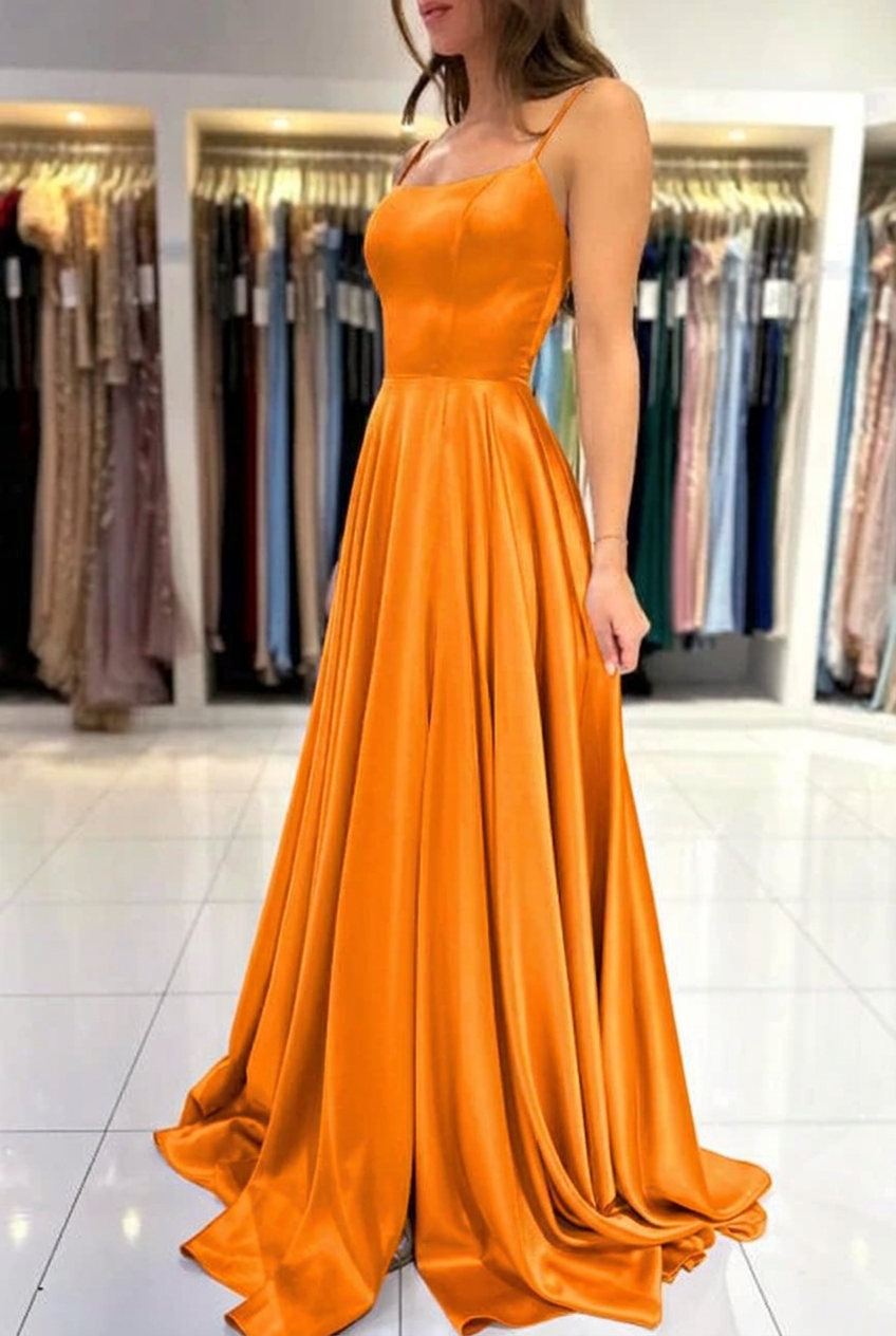 Orange square satin A-line prom dress