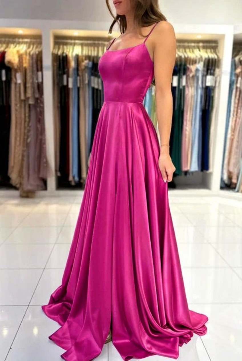 Fuchsia square satin A-line prom dress