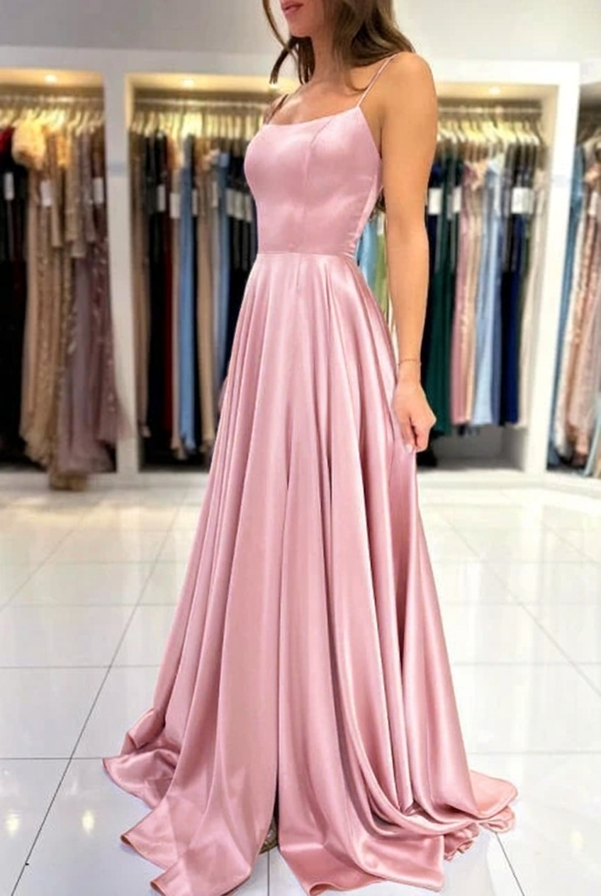 Blushing pink square satin A-line prom dress