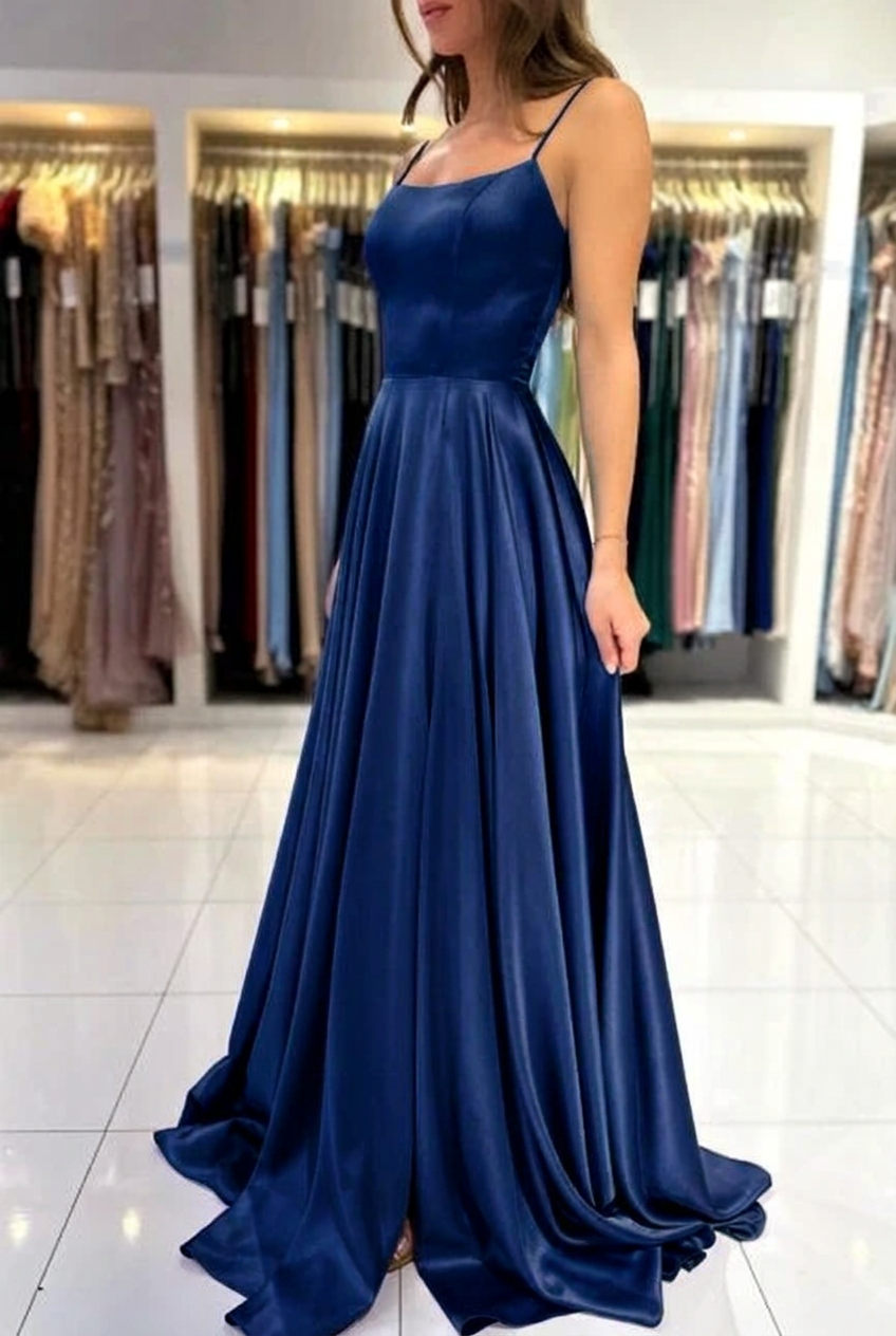Dark navy square satin A-line prom dress