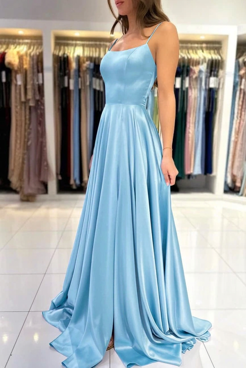 Light blue square satin A-line prom dress