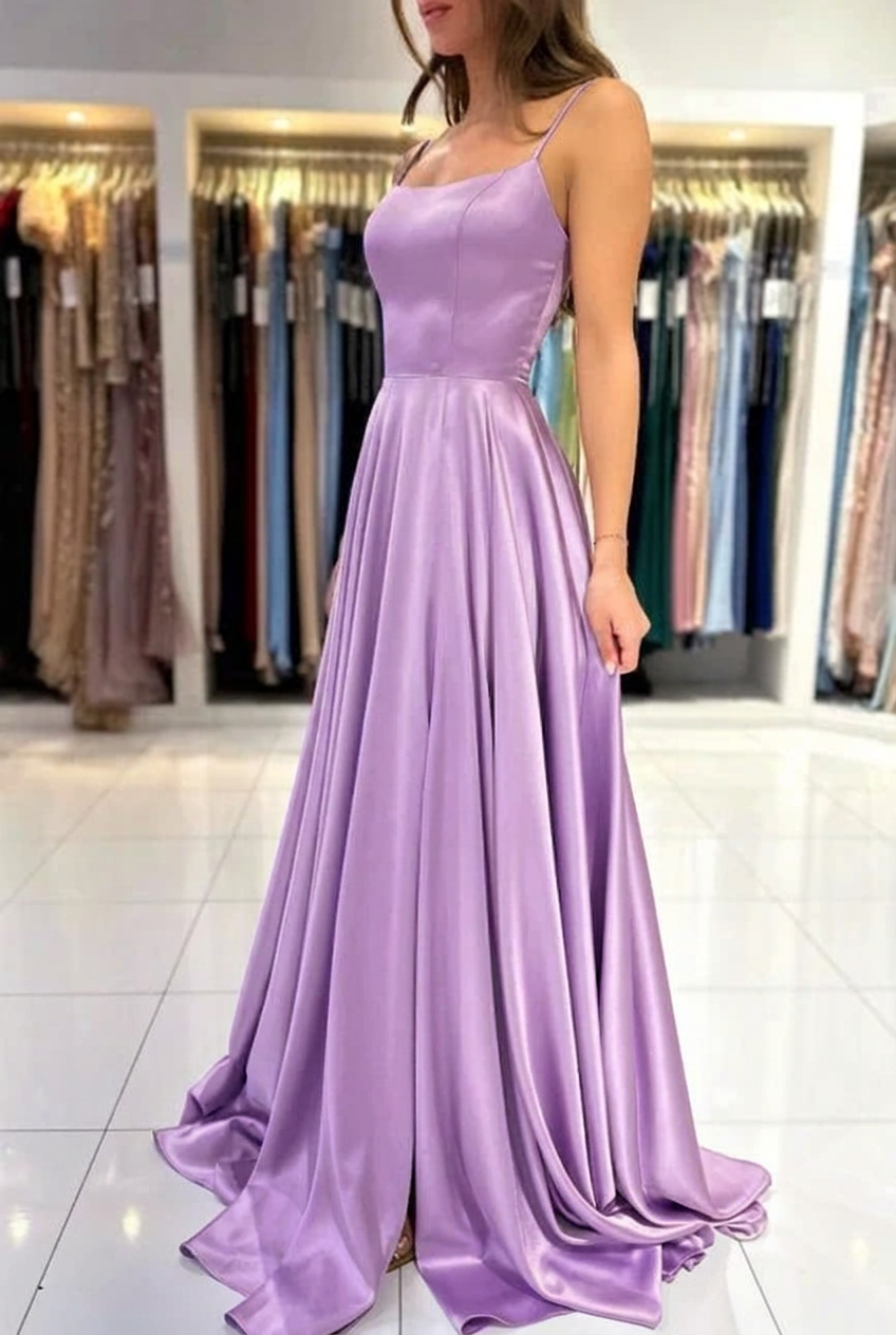 Lilac square satin A-line prom dress