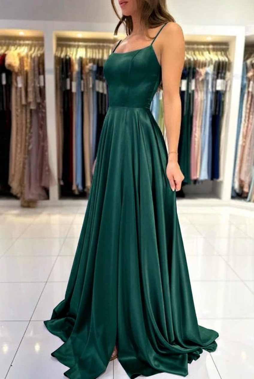 Dark green square satin A-line prom dress