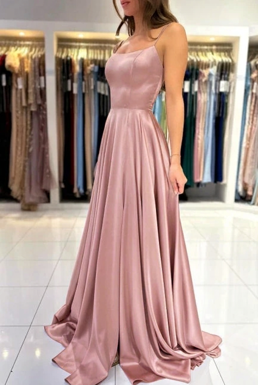 Dusty rose square satin A-line prom dress