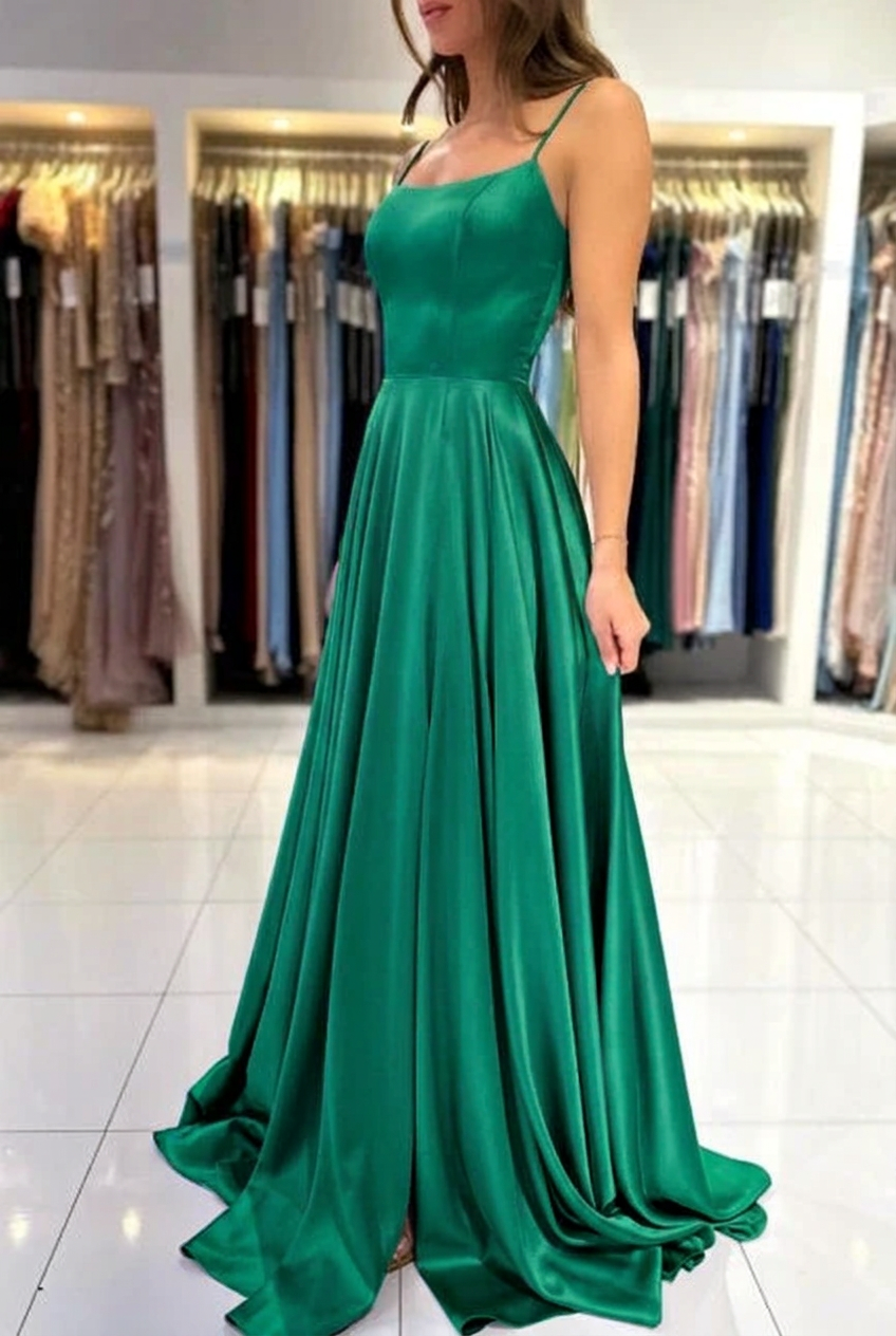 Emerald green square satin A-line prom dress