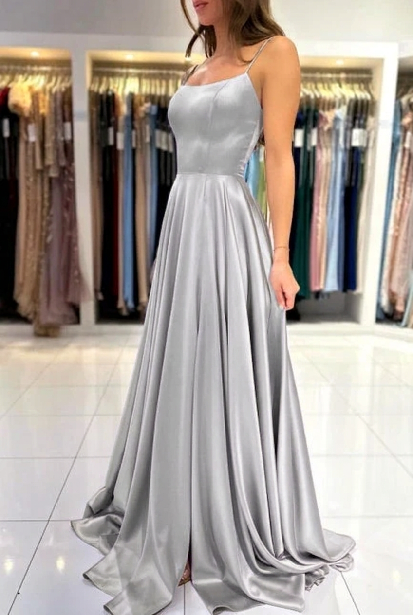 Silver square satin A-line prom dress