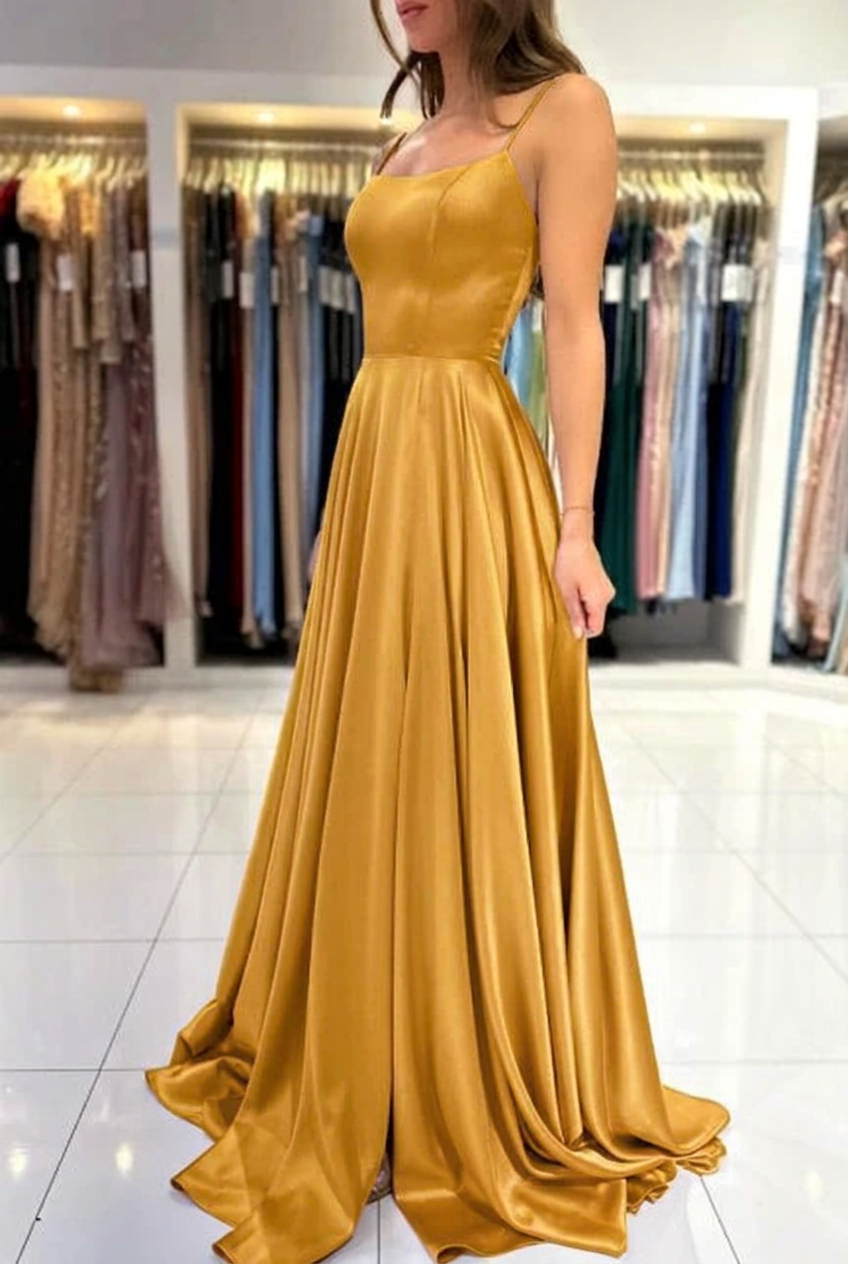Gold square satin A-line prom dress
