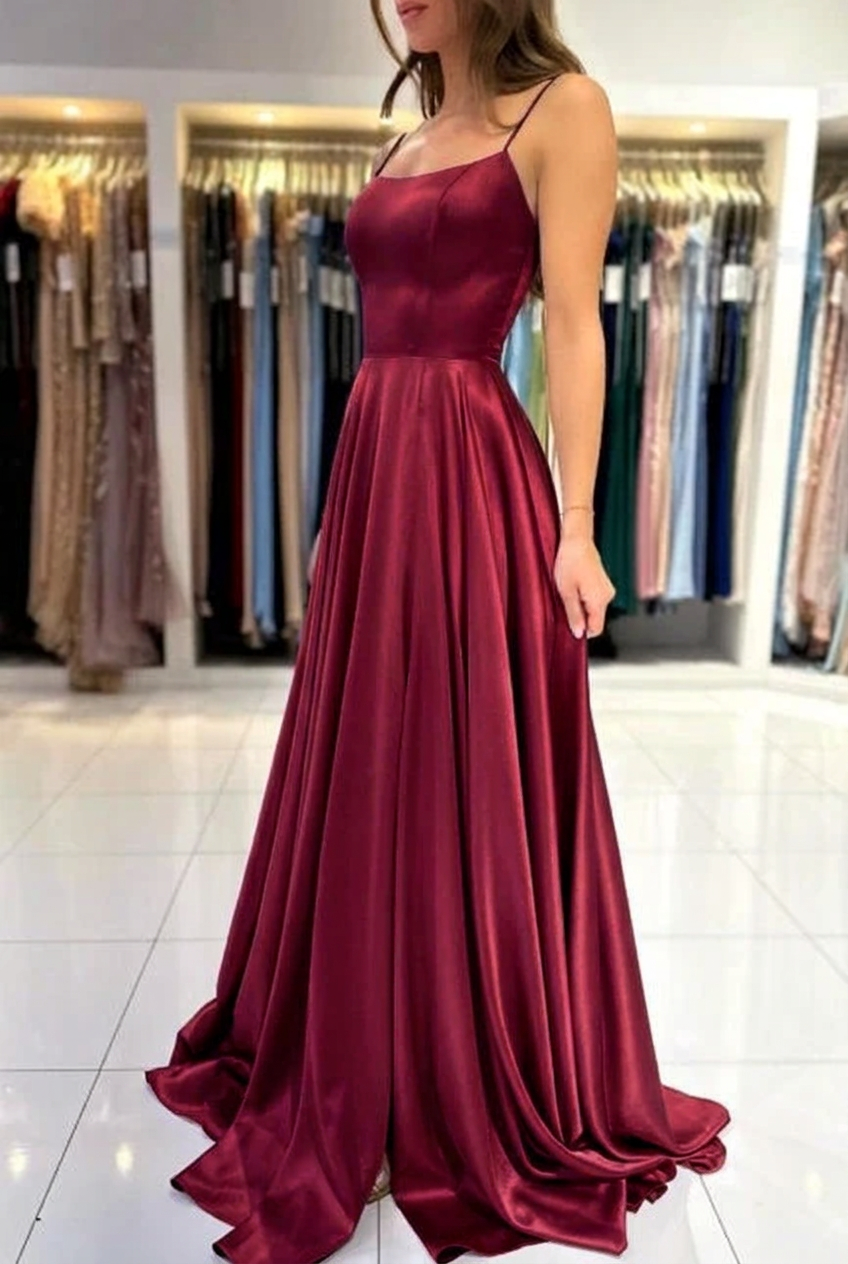 Burgundy square satin A-line prom dress