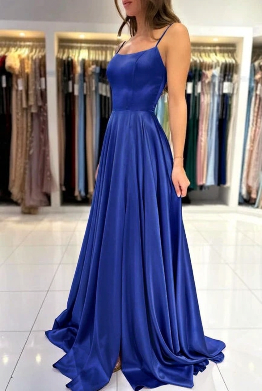 Royal blue square satin A-line prom dress
