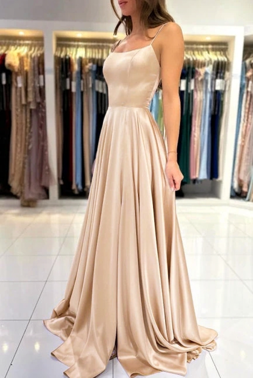 Champagne square satin A-line prom dress