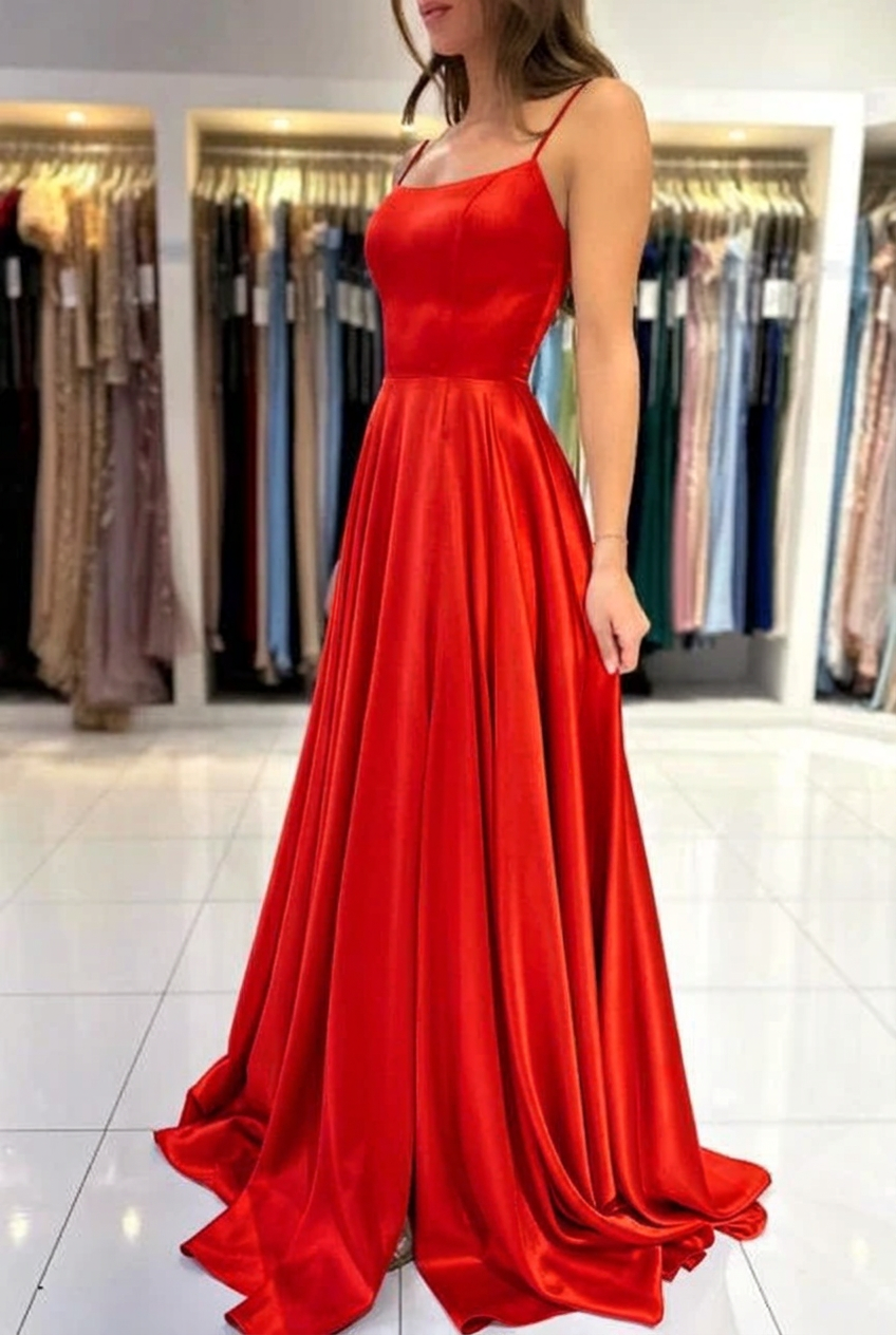 Red square satin A-line prom dress