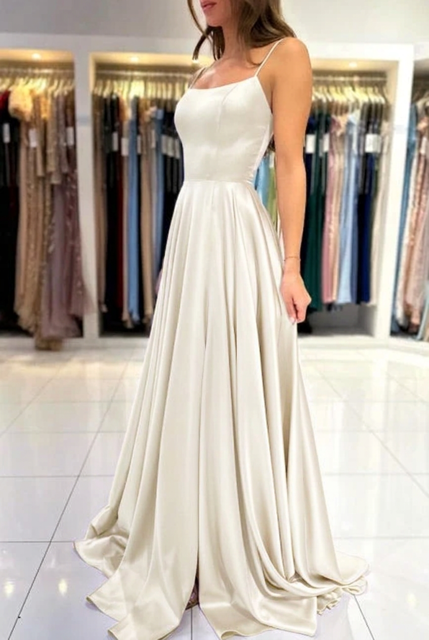 Ivory square satin A-line prom dress