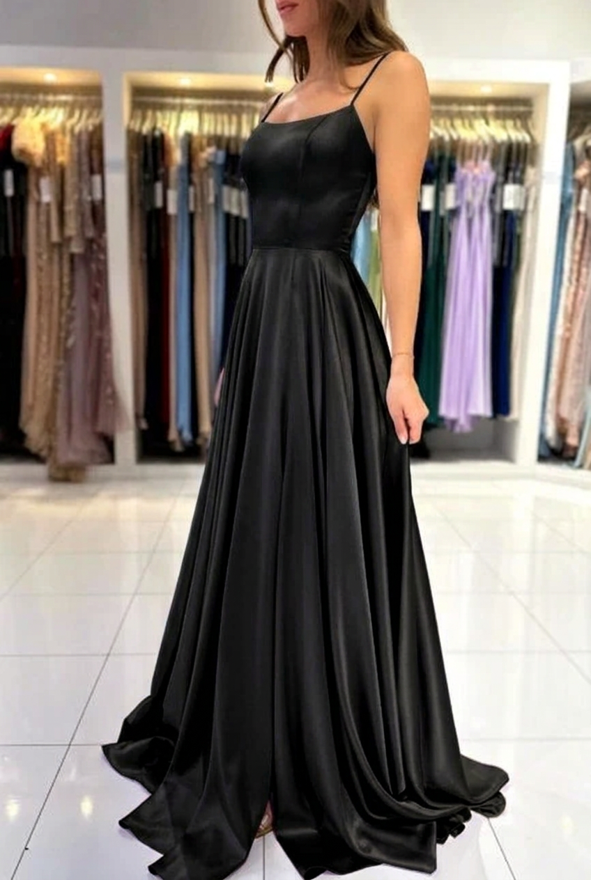 Black square satin A-line prom dress